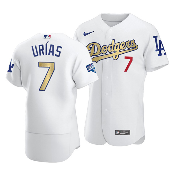 Men's Los Angeles Dodgers #7 Julio Urias 2021 White Gold World Series Champions Patch Sttiched Jersey